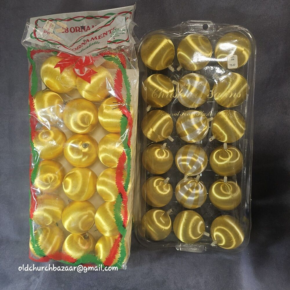 Vtg PYRAMID  Spun Satin Unbreakable Christmas Ornaments Gold  Striped & Soilid